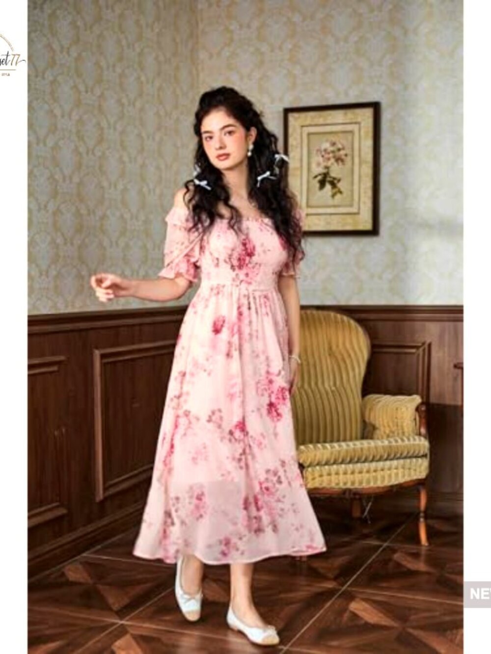 Floral Maxi Dress with Puff Sleeves Square Neck A-Line Wedding Guest - Picture 4 of 7